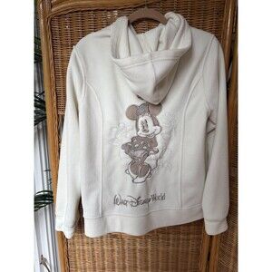 White Disney Fleece Zip Hoodie Embroidered Minnie Mouse Women's Large Ivory